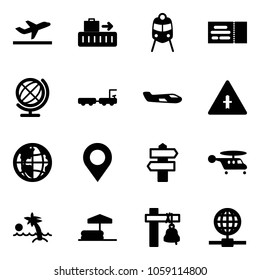 Solid vector icon set - departure vector, baggage, train, ticket, globe, truck, small plane, intersection road sign, map pin, signpost, helicopter, palm, inflatable pool, ship bell