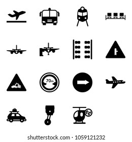 Solid vector icon set - departure vector, airport bus, train, waiting area, plane, boarding passengers, seats, intersection road sign, car crash, limited distance, only right, baggage, piston