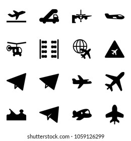 Solid vector icon set - departure vector, trap truck, boarding passengers, small plane, helicopter, seats, globe, airport road sign, paper fly, jointer, toy