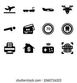 Solid vector icon set - departure vector, baggage truck, small plane, christmas deer, push ups, credit card, speed limit 70 road sign, no dangerous cargo, printer, home dollar, joystick wireless