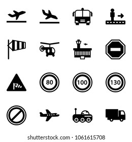 Solid vector icon set - departure vector, arrival, airport bus, travolator, side wind, helicopter, building, no way road sign, speed limit 80, 100, 130, parking, plane, moon rover, truck toy
