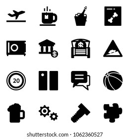 Solid vector icon set - departure vector, tea, champagne, x ray, safe, account, money chest, climb road sign, speed limit 20, pause, chat, ball, beer, gear, bolt, puzzle