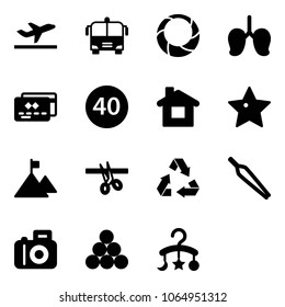 Solid vector icon set - departure vector, airport bus, christmas wreath, lungs, credit card, minimal speed limit road sign, home, star, mountain, opening, recycling, forceps, camera, billiards balls