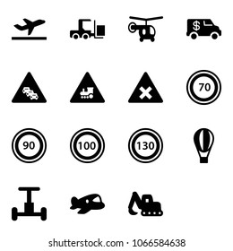 Solid vector icon set - departure vector, fork loader, helicopter, encashment car, multi lane traffic road sign, railway intersection, speed limit 70, 90, 100, 130, air balloon, gyroscope, plane toy