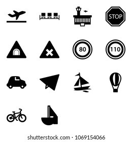 Solid vector icon set - departure vector, waiting area, airport building, stop road sign, tunnel, railway intersection, speed limit 80, 110, car, paper fly, sail boat, air balloon, bike