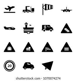 Solid Vector Icon Set - Departure Vector, Fork Loader, Side Wind, Plane, Small, Airport Building, Encashment Car, Multi Lane Traffic Road Sign, Tunnel, Railway Intersection, Speed Limit 20