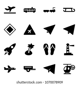 Solid vector icon set - departure vector, airport bus, baggage truck, sleigh, main road sign, paper plane, fly, rocket, palm, flip flops, lighthouse, trailer, helicopter toy