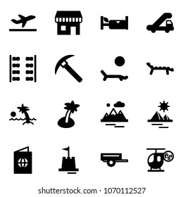 Solid vector icon set - departure vector, duty free, hotel, trap truck, plane seats, rock axe, lounger, palm, mountains, pyramid, passport, sand castle, trailer, helicopter toy