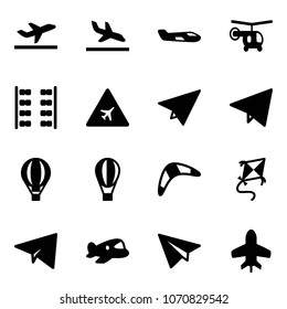 Solid vector icon set - departure vector, arrival, small plane, helicopter, seats, airport road sign, paper, fly, air balloon, boomerang, kite, toy