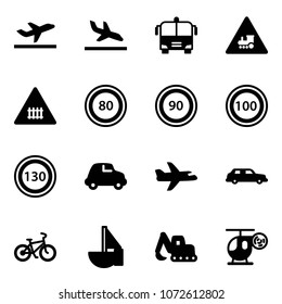 Solid vector icon set - departure vector, arrival, airport bus, railway intersection road sign, speed limit 80, 90, 100, 130, car, plane, limousine, bike, sailboat toy, excavator, helicopter