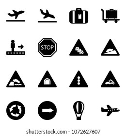 Solid vector icon set - departure vector, arrival, suitcase, baggage, travolator, stop road sign, multi lane traffic, climb, embankment, tunnel, light, car crash, circle, only right, air balloon