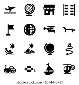 Solid vector icon set - departure vector, globe, duty free, plane seats, flag, helicopter, lounger, beach, pyramid, trip, moon rover, jack, sailboat toy