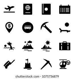 Solid vector icon set - departure vector, passport, schedule, dollar pin, bus road sign, rock axe, lounger, palm, mountains, pyramid, suitcase, sand castle, helicopter toy