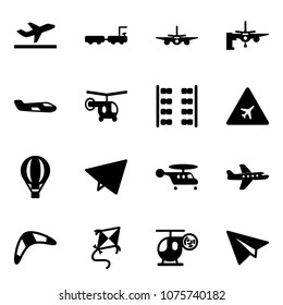 Solid vector icon set - departure vector, baggage truck, plane, boarding passengers, small, helicopter, seats, airport road sign, air balloon, paper fly, boomerang, kite, toy