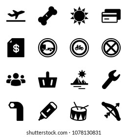 Solid vector icon set - departure vector, broken bone, sun, credit card, account statement, no trailer road sign, bike, stop, group, basket, pyramid, wrench, allen key, marker, drum, bow