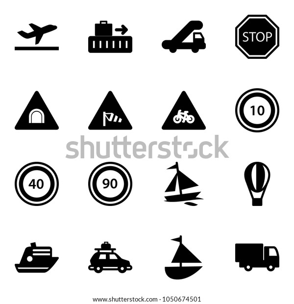 Solid\
vector icon set - departure vector, baggage, trap truck, stop road\
sign, tunnel, side wind, for moto, speed limit 10, 40, 90, sail\
boat, air balloon, cruiser, car, sailboat\
toy
