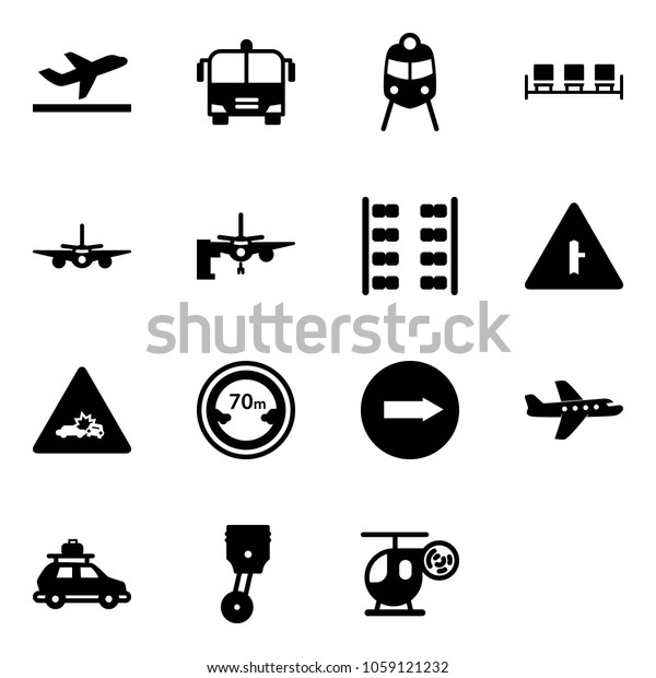 Solid vector icon set - departure vector, airport\
bus, train, waiting area, plane, boarding passengers, seats,\
intersection road sign, car crash, limited distance, only right,\
baggage, piston