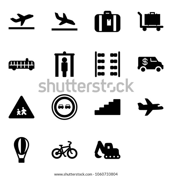 Solid vector icon set - departure vector, arrival,\
suitcase, baggage, airport bus, metal detector gate, plane seats,\
encashment car, children road sign, no overtake, stairs, air\
balloon, bike