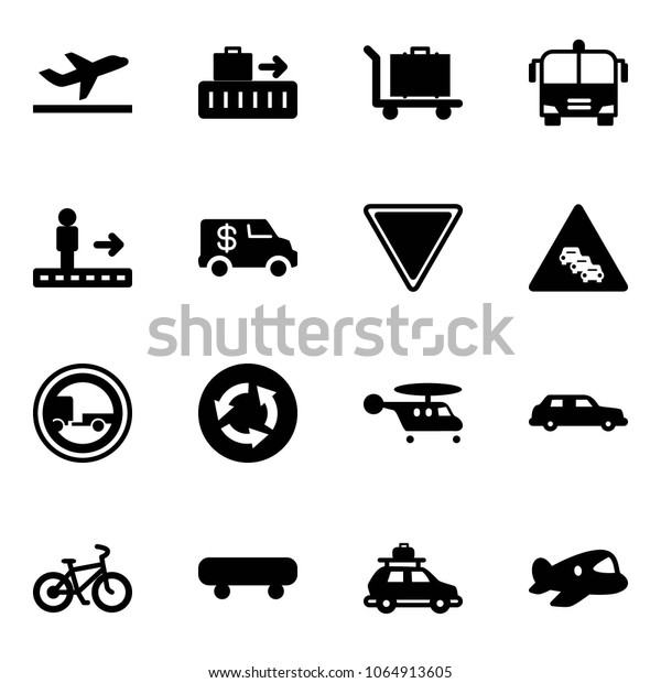 Solid vector icon set - departure vector,\
baggage, airport bus, travolator, encashment car, giving way road\
sign, multi lane traffic, no trailer, circle, helicopter,\
limousine, bike,\
skateboard