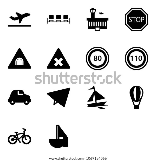 Solid vector\
icon set - departure vector, waiting area, airport building, stop\
road sign, tunnel, railway intersection, speed limit 80, 110, car,\
paper fly, sail boat, air balloon,\
bike