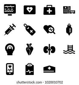 Solid vector icon set - diagnostic monitor vector, first aid kit, doctor bag, hospital building, syringe, medical label, heart diagnosis, drop counter, mri, kidneys, pool, mobile, pulse clipboard