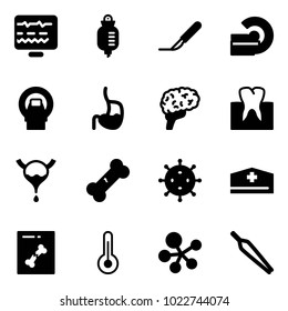 Solid vector icon set - diagnostic monitor vector, drop counter, scalpel, mri, stomach, brain, tooth, bladder, broken bone, virus, doctor hat, x ray, thermometer, molecule, forceps