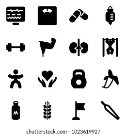 Solid vector icon set - diagnostic monitor vector, floor scales, pills, drop counter, barbell, power hand, kidneys, pull ups, gymnastics, heart care, weight, banana, milk, spica, flag, forceps