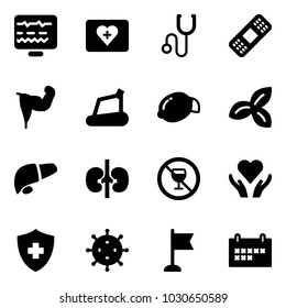 Solid vector icon set - diagnostic monitor vector, first aid kit, stethoscope, medical patch, power hand, treadmill, lemon, three leafs, liver, kidneys, no alcohol sign, heart care, virus, flag