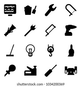 Solid vector icon set - diagnostic monitor vector, bucket scoop, wrench, fretsaw, dowel, wood drill, metal hacksaw, rake, bulb, winch, brush, oiler, stapler, awl, sharpening