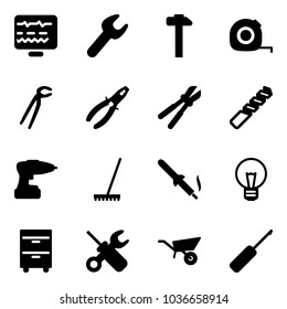 Solid vector icon set - diagnostic monitor vector, wrench, hammer, measuring tape, plumber, pliers, bolt cutter, drill, rake, soldering iron, bulb, tool cabinet, screwdriver, wheelbarrow, awl