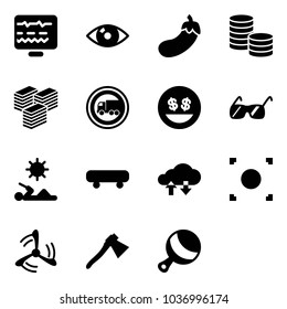 Solid vector icon set - diagnostic monitor vector, eye, eggplant, coin, big cash, no truck road sign, money smile, sunglasses, reading, skateboard, cloud exchange data, record button, wind mill, axe