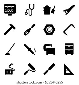 Solid vector icon set - diagnostic monitor vector, stethoscope, bucket scoop, saw, hammer, chisel, nut, staple, hoe, soldering iron, machine tool, cabinet, welding, paint roller, rasp, corner ruler