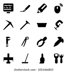 Solid vector icon set - diagnostic monitor vector, scalpel, highlight marker, mouse wireless, axe, mason hammer, basin, clamp, plumber, side cutters, screw, milling cutter, rake, brush