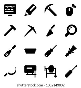 Solid vector icon set - diagnostic monitor vector, highlight marker, rock axe, mouse wireless, hammer, trowel, magnifier, chisel, basin, screwdriver, dowel, sickle, jig saw, cocncrete mixer, awl