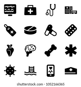 Solid vector icon set - diagnostic monitor vector, doctor bag, stethoscope, hospital building, medical label, pill, pills, blister, heart, brain, broken bone, ambulance star, virus, pool, mobile