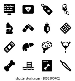 Solid vector icon set - diagnostic monitor vector, first aid kit, medical label, drop counter, lab, pills, blister, patch, liver, brain, bladder, broken bone, pool, x ray, forceps