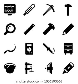 Solid vector icon set - diagnostic monitor vector, thermometer, job, hammer, magnifier, ruler, screw, pencil, sickle, multimeter, soldering iron, tool cabinet, protect glass, clamp, allen key set