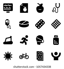 Solid vector icon set - diagnostic monitor vector, diet list, apple, stethoscope, drop counter, pill, pills blister, treadmill, run, medical mask, bottle, sun, bike, breads, success