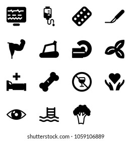 Solid vector icon set - diagnostic monitor vector, drop counter, pills blister, scalpel, power hand, treadmill, mri, three leafs, hospital bed, broken bone, no alcohol sign, heart care, eye, pool