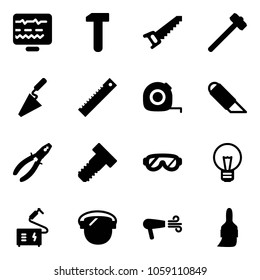 Solid vector icon set - diagnostic monitor vector, work, saw, sledgehammer, trowel, ruler, measuring tape, knife, pliers, bolt, protective glasses, bulb, welding, protect glass, dryer, brush