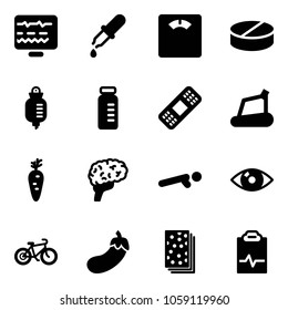 Solid vector icon set - diagnostic monitor vector, pipette, floor scales, pill, drop counter, vial, medical patch, treadmill, carrot, brain, push ups, eye, bike, eggplant, breads, pulse clipboard