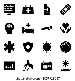 Solid vector icon set - diagnostic monitor vector, doctor bag, lab, medical patch, mri, hospital bed, push ups, heart care, ambulance star, virus, basketball ball, statistics, banana, schedule, mat