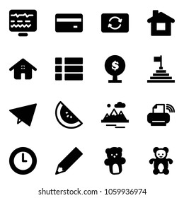 Solid vector icon set - diagnostic monitor vector, credit card, exchange, home, menu, money tree, pyramid flag, paper fly, watermelone, mountains, printer wireless, clock, pencil, bear toy