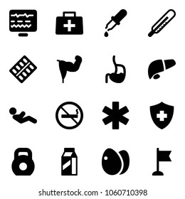 Solid vector icon set - diagnostic monitor vector, doctor bag, pipette, thermometer, pills blister, power hand, stomach, liver, abdominal muscles, no smoking sign, ambulance star, weight, milk, eggs