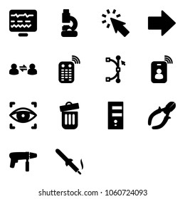 Solid vector icon set - diagnostic monitor vector, lab, cursor, right arrow, information exchange, remote control, bezier, identity card, eye scanner, trash bin, server, side cutters, drill machine