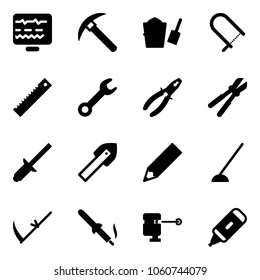 Solid vector icon set - diagnostic monitor vector, rock axe, bucket scoop, fretsaw, ruler, wrench, pliers, bolt cutter, clinch, tile drill, pencil, hoe, scythe, soldering iron, laser lever, marker