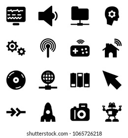 Solid vector icon set - diagnostic monitor vector, low volume, network folder, brain work, gear, antenna, joystick wireless, home, cd, globe, battery, cursor, connect, rocket, camera, robot