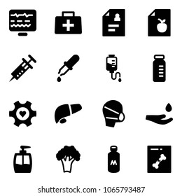 Solid vector icon set - diagnostic monitor vector, doctor bag, patient card, diet list, syringe, pipette, drop counter, vial, heart gear, liver, medical mask, hand, liquid soap, broccoli, milk