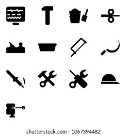 Solid vector icon set - diagnostic monitor vector, work, bucket scoop, steel rolling, jointer, basin, metal hacksaw, sickle, soldering iron, wrench hammer, screwdriver, construction helmet