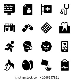 Solid vector icon set - diagnostic monitor vector, diet list, first aid room, stethoscope, vial, pills, blister, tooth, run, medical mask, virus, mobile heart, banana, eggs, cereal, pulse clipboard